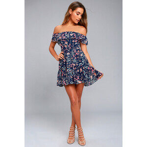 Lulus My Favorite Navy Blue Floral Print Off-the-shoulder Dress - Size M